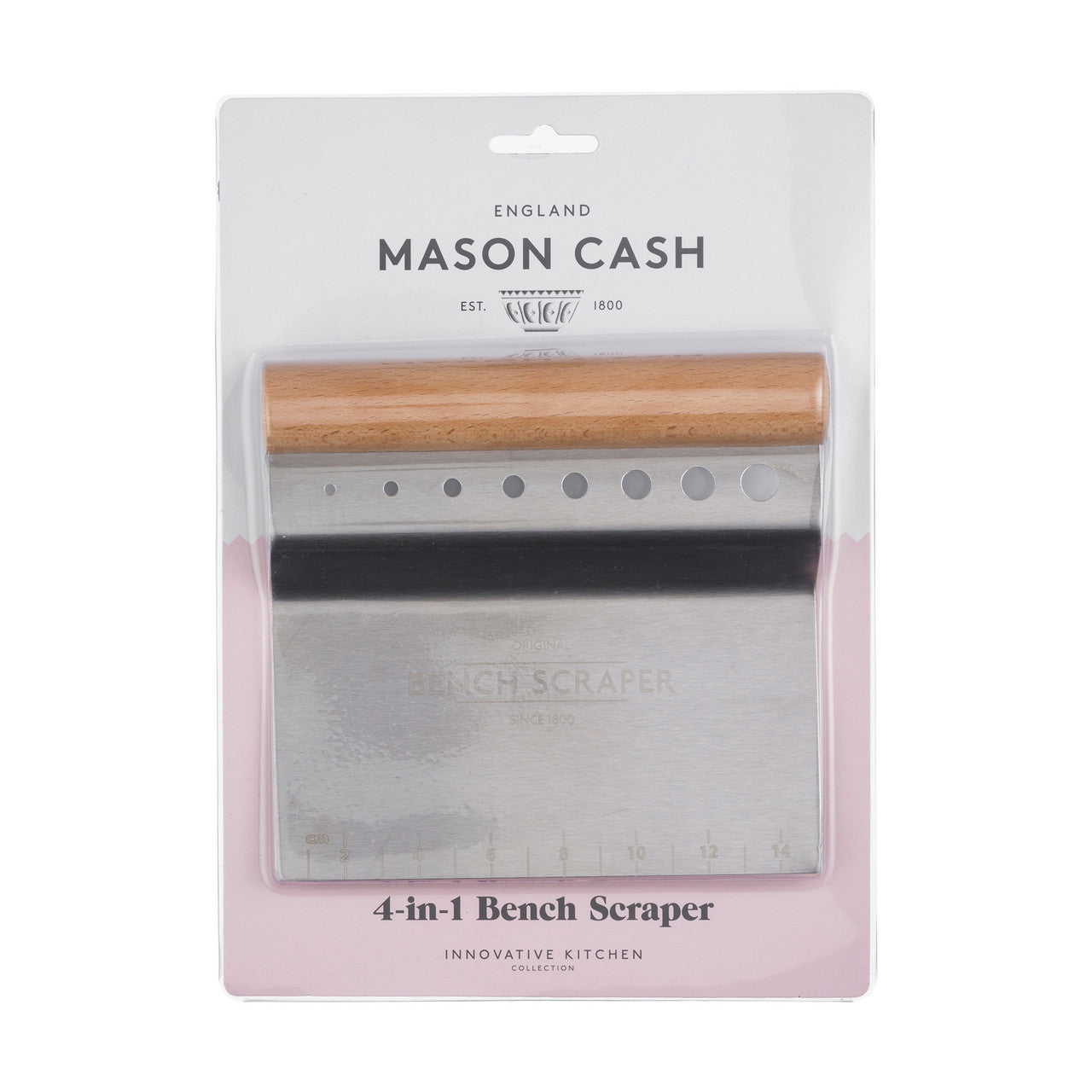 Mason Cash bench scraper with wooden handle in packaging on a white background