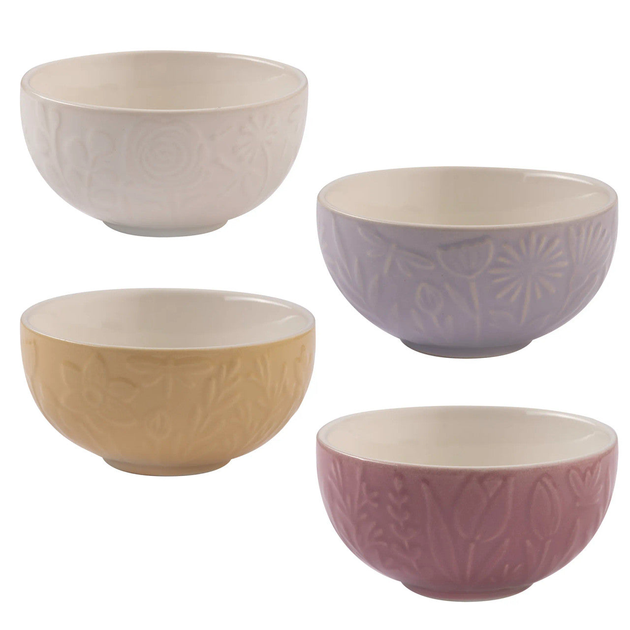Set of four ceramic bowls in different pastel colors on a white background