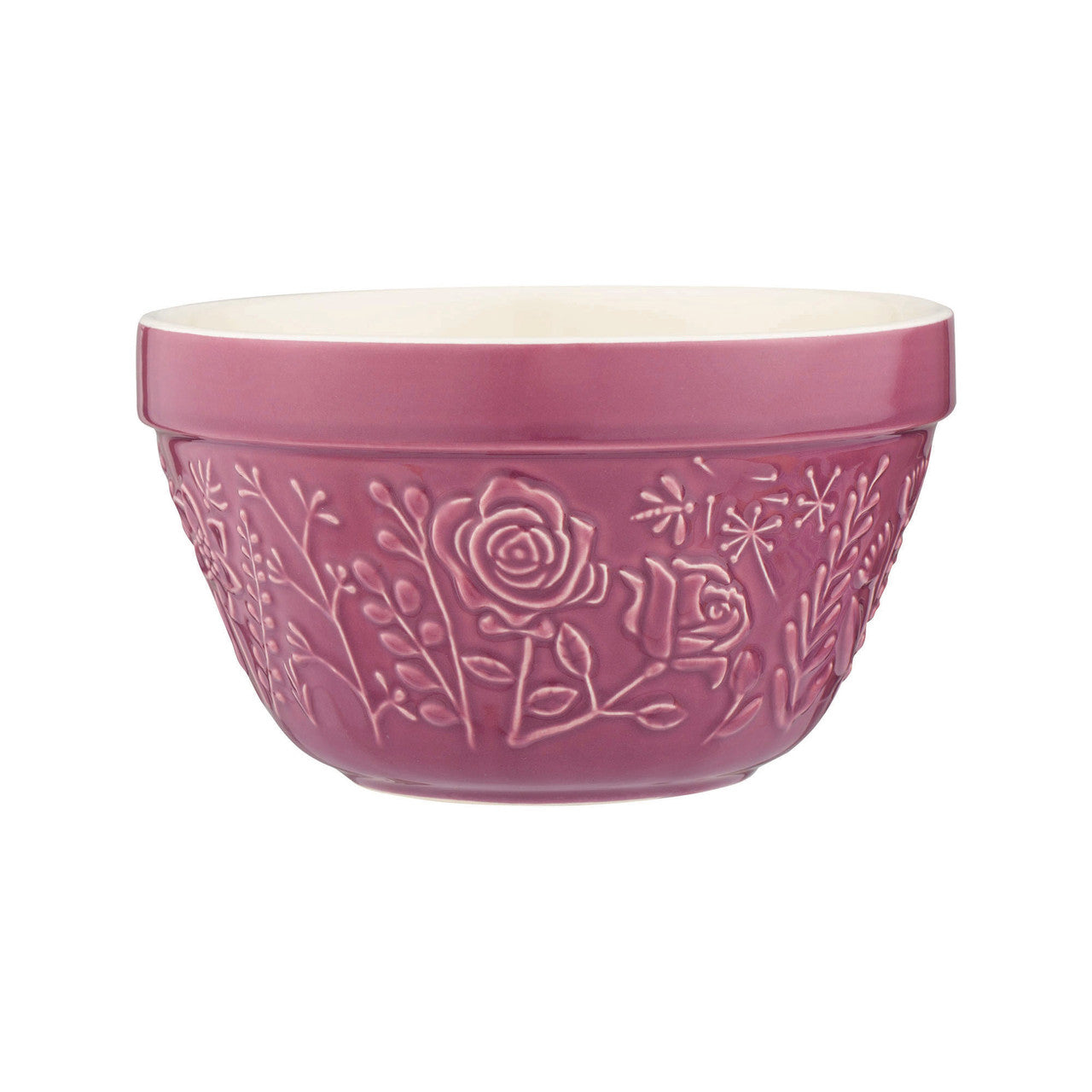 Pink ceramic bowl with floral embossing on a white background