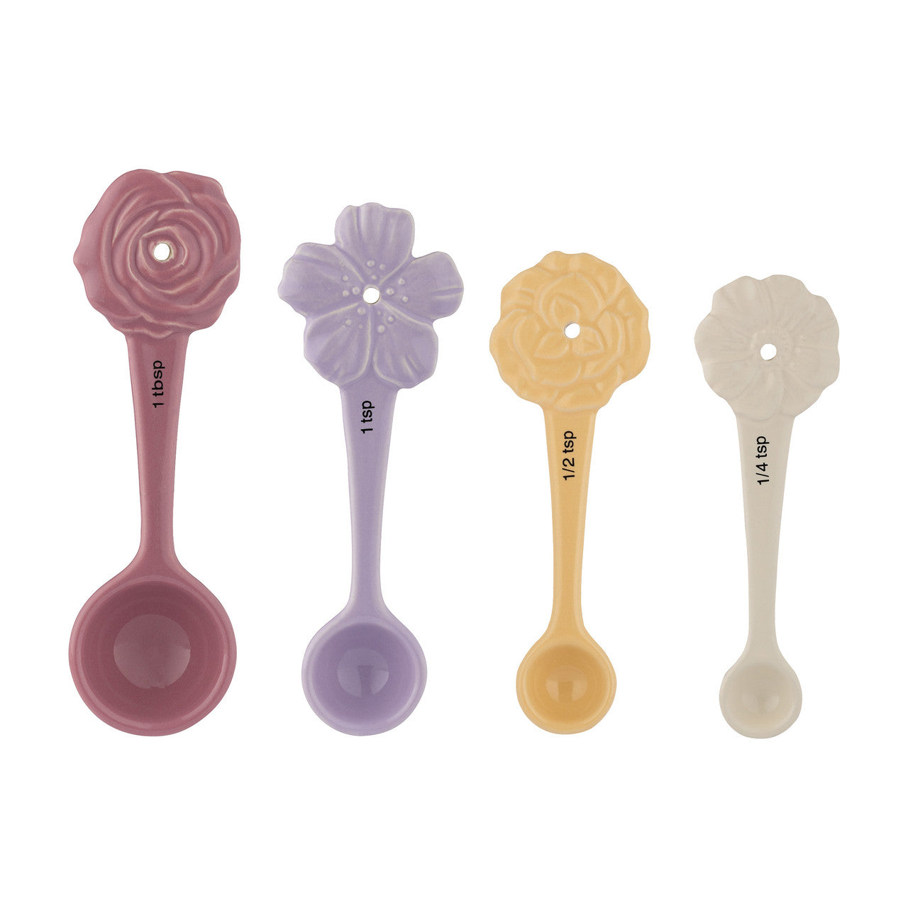 Set of four floral-themed measuring spoons in pink, purple, yellow, and beige on a white background.