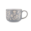 Gray mug with white floral patterns on a white background