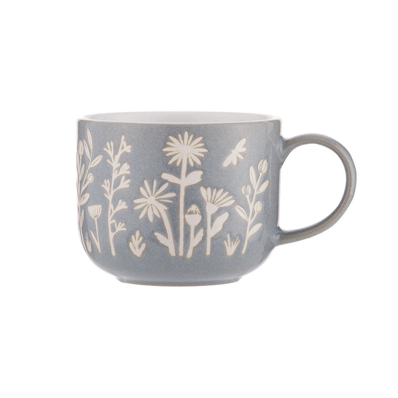 Gray mug with white floral patterns on a white background