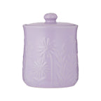 Lavender ceramic jar with textured surface and matching lid on a white background