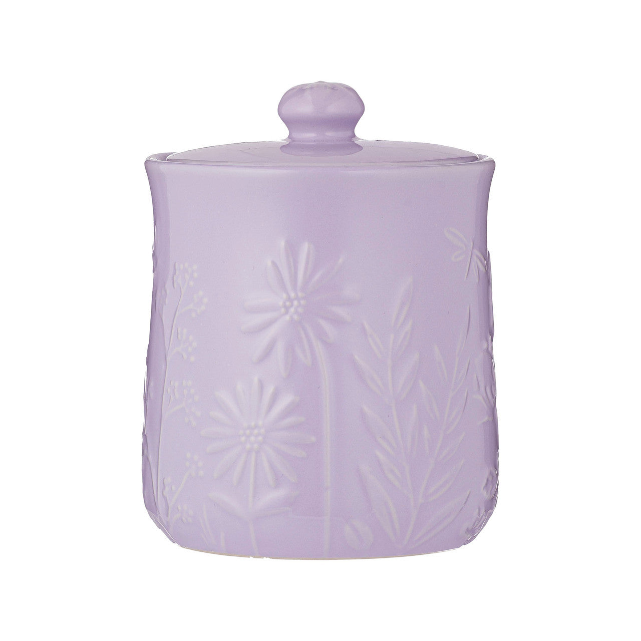 Lavender ceramic jar with textured surface and matching lid on a white background