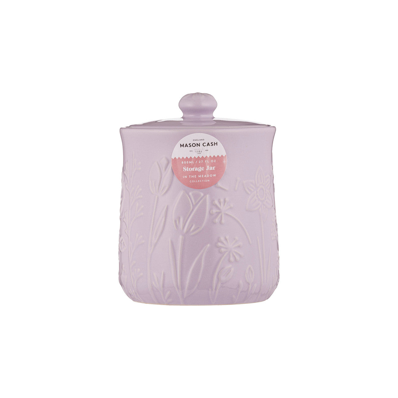 Pink textured storage jar with a label on a white background