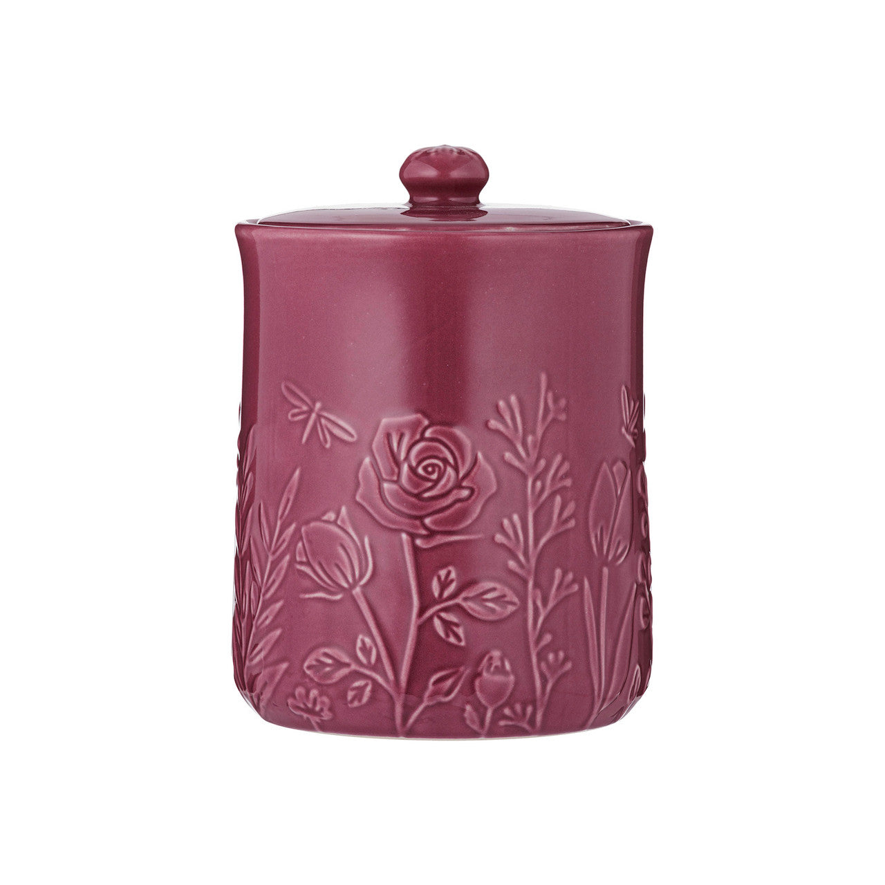Pink ceramic jar with floral embossing on a white background