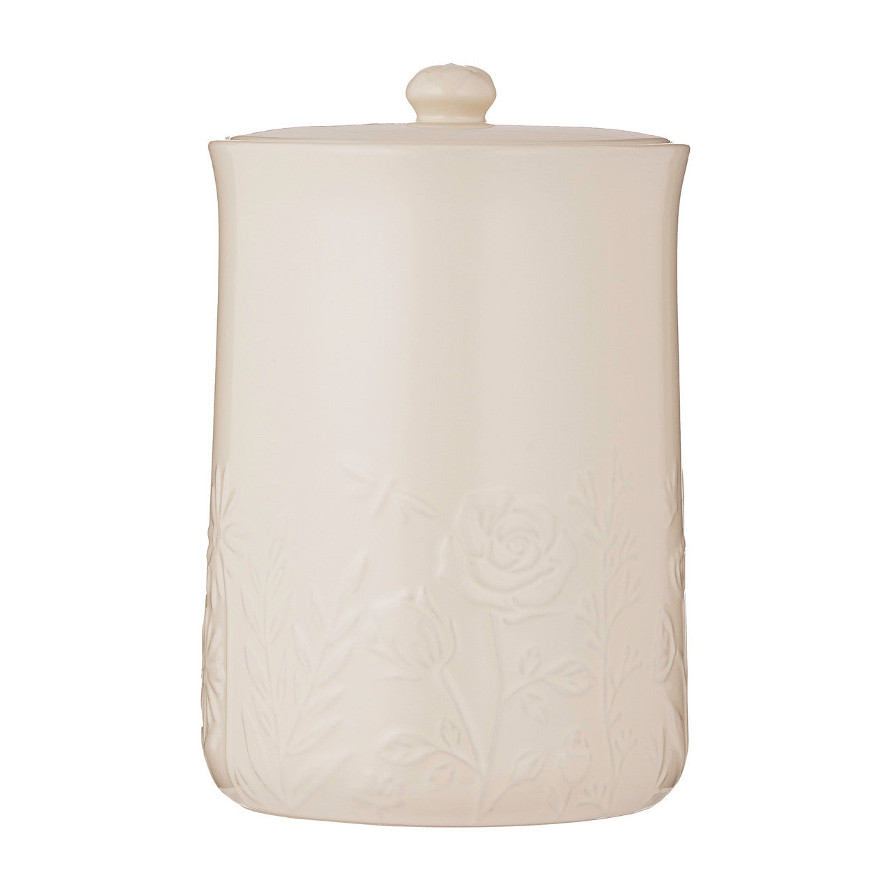 White ceramic jar with lid on a white background