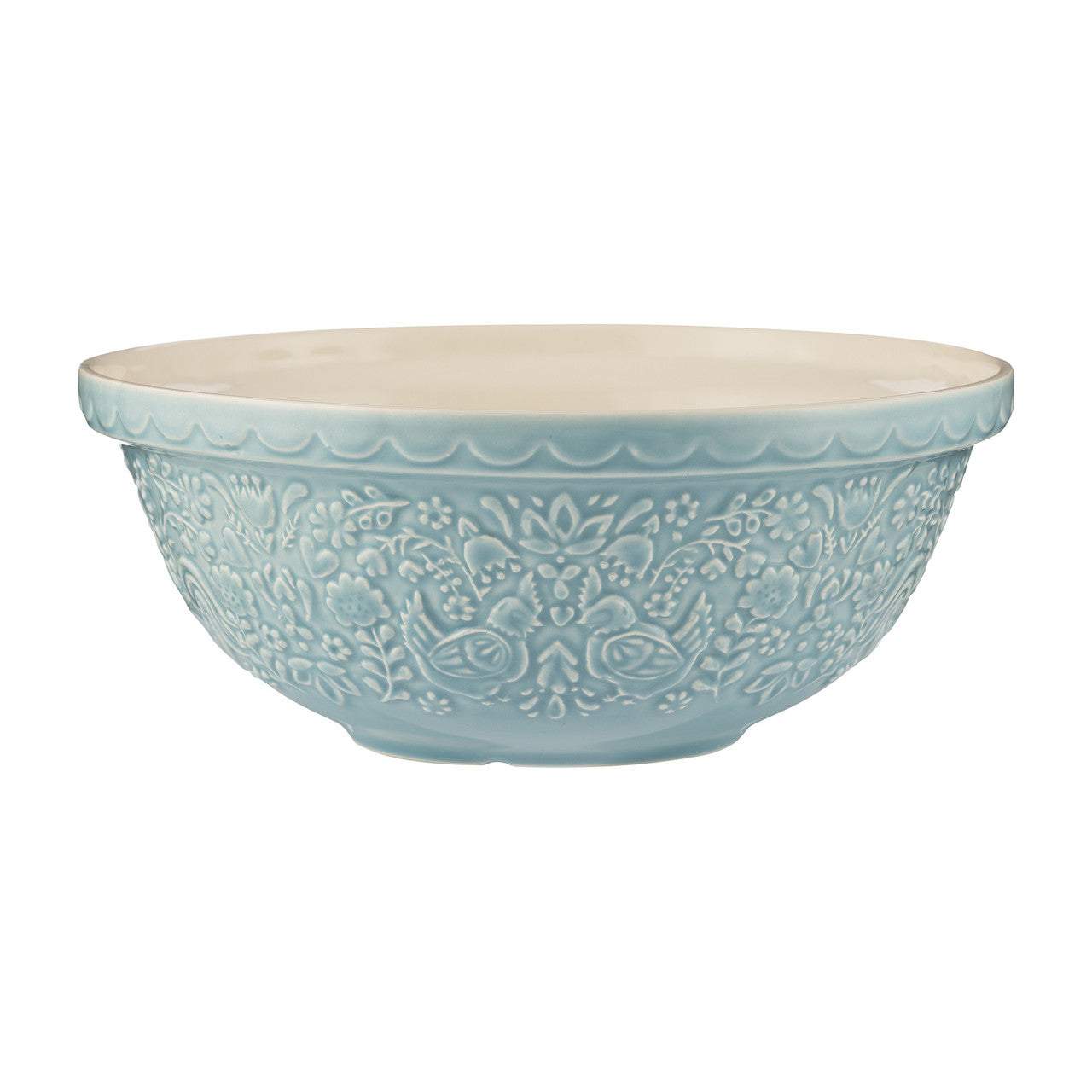 Decorative light blue ceramic bowl with intricate patterns on a white background