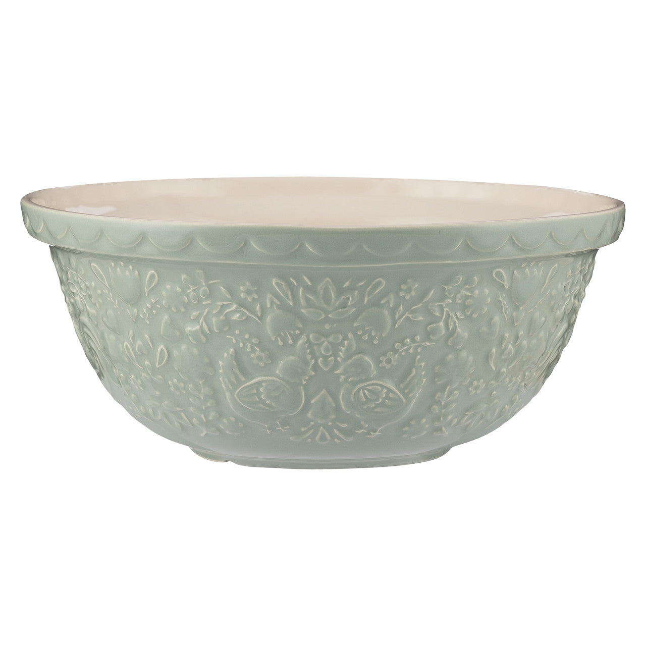 Decorative light green bowl with floral patterns on a white background