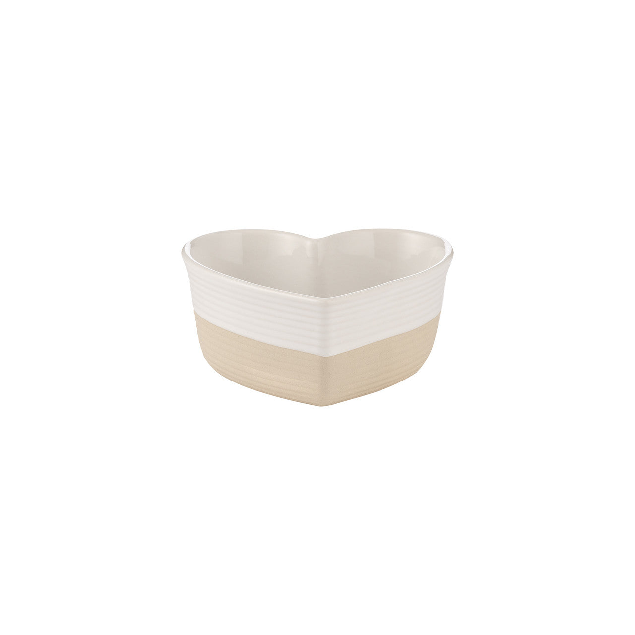 Heart-shaped ceramic bowl with two-tone design on a white background