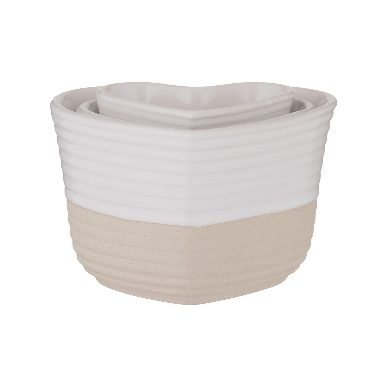 Set of two ceramic planters with a white top and beige bottom on a white background
